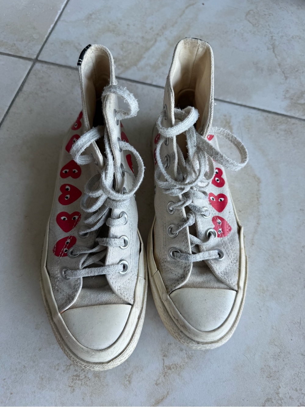 Comme des Garçons White High-Top Sneakers with Red Heart Motifs